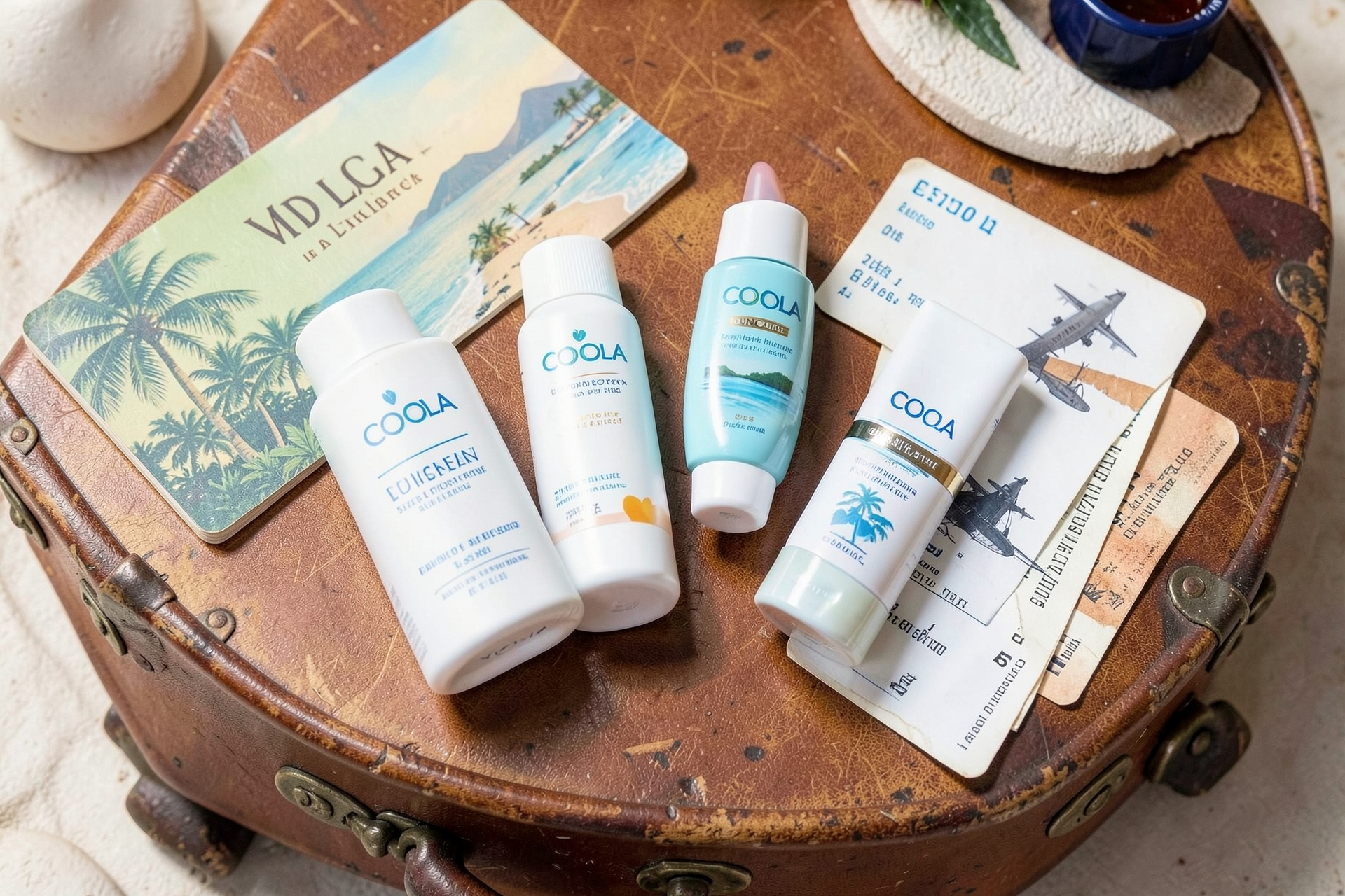 Leaves and a bottle of COOLA sunscreen representing eco-conscious living.